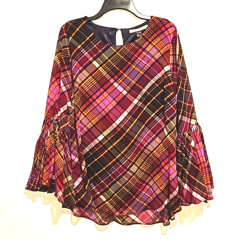 Nygard pink purple plaid long sleeve blouse lined fantastic sleeves Medium
